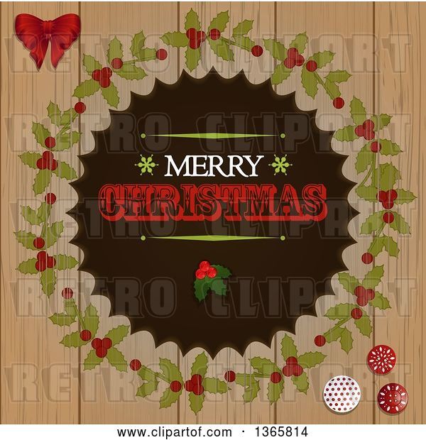 Vector Clip Art of Retro Merry Christmas Greeting with Holly in a Wreath over Wood