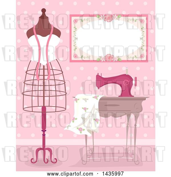 Vector Clip Art of Retro Metal Frame Mannequin by a Sewing Machine and Dress Fabric in a Pink Room