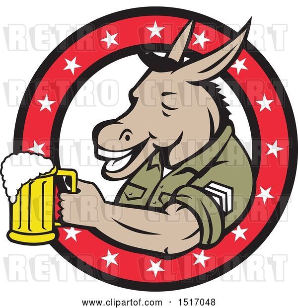 Vector Clip Art of Retro Military Donkey Holding a Beer Mug in a Star Ring
