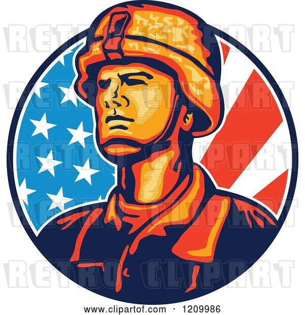 Vector Clip Art of Retro Military Soldier over an American Flag Circle