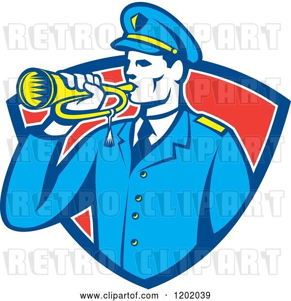 Vector Clip Art of Retro Military Soldier with a Bugle in a Red Shield Crest