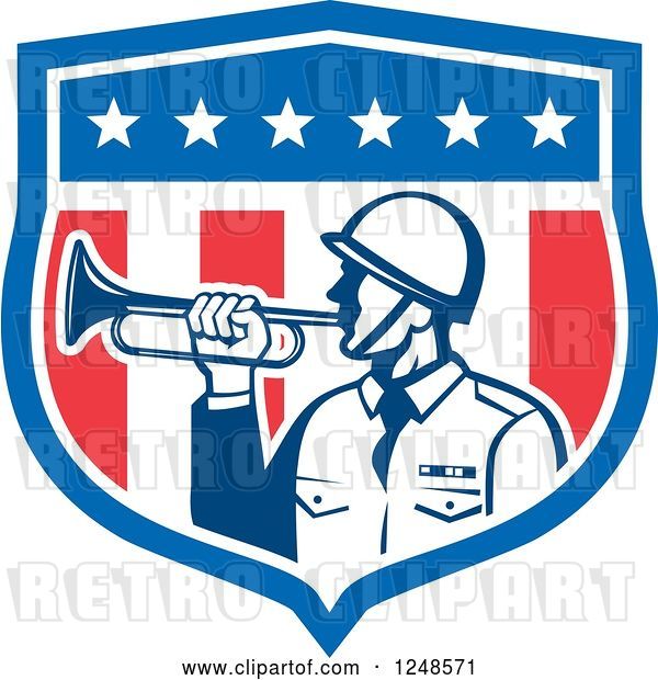 Vector Clip Art of Retro Military Soldier with a Bugle in a Shield