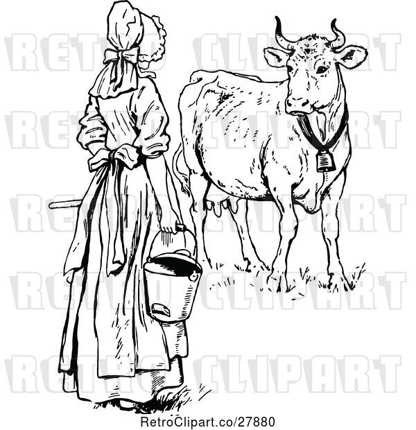 Vector Clip Art of Retro Milk Maid by a Cow