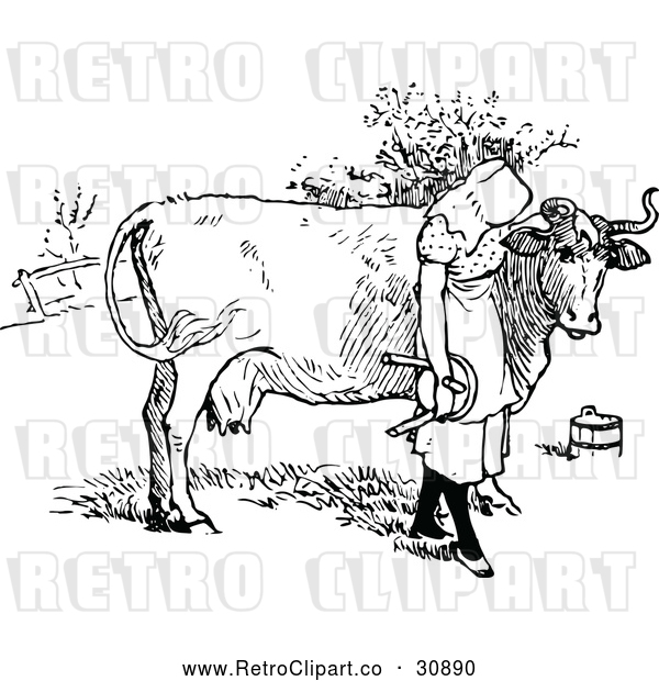 Vector Clip Art of Retro Milk Maid Girl with a Cow