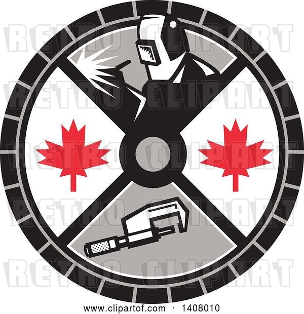 Vector Clip Art of Retro Millwright Caliper, Welder, and Maple Leaves in a Circle
