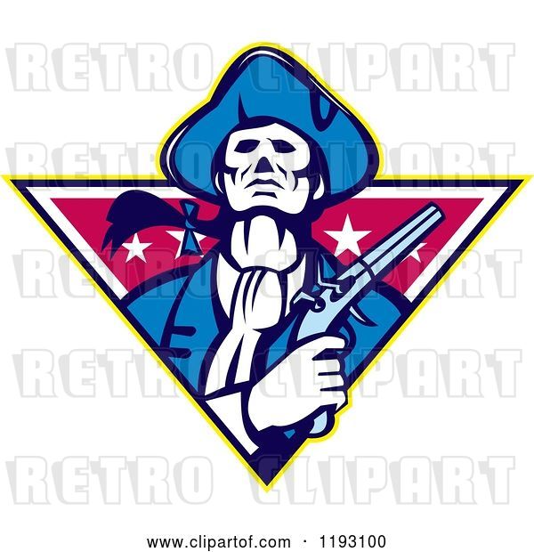 Vector Clip Art of Retro Minuteman Patriot with a Flintlock Pistol over a Star Triangle