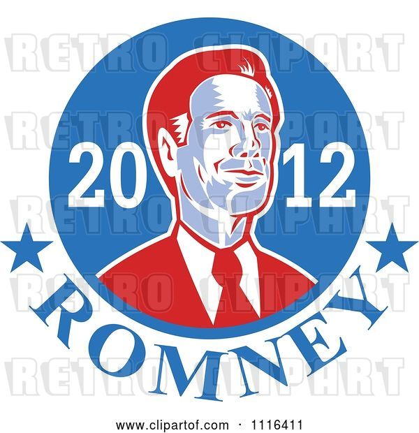 Vector Clip Art of Retro Mitt Romney Portrait in a Blue Circle with 2012 Romney Text