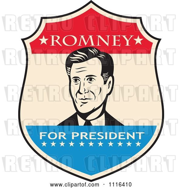 Vector Clip Art of Retro Mitt Romney Portrait in a Shield with Romney for President Text