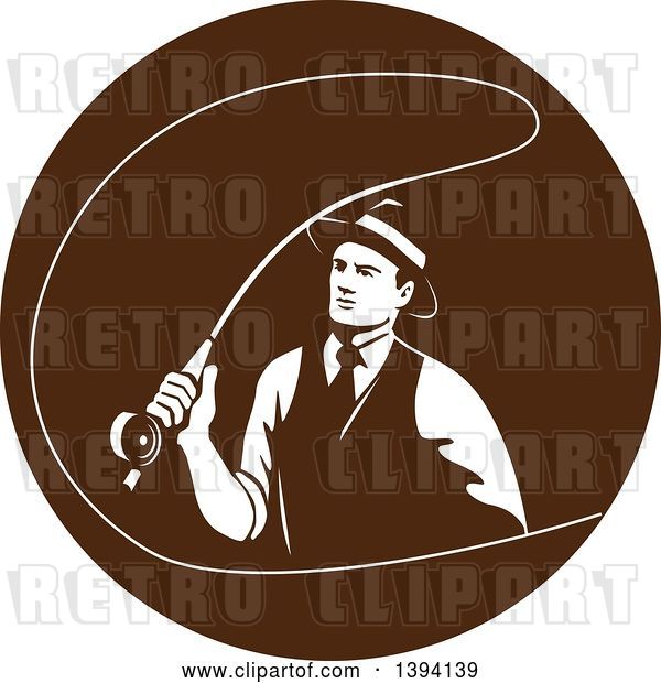 Vector Clip Art of Retro Mobster Gangster Guy Fly Fishing in a Brown Circle