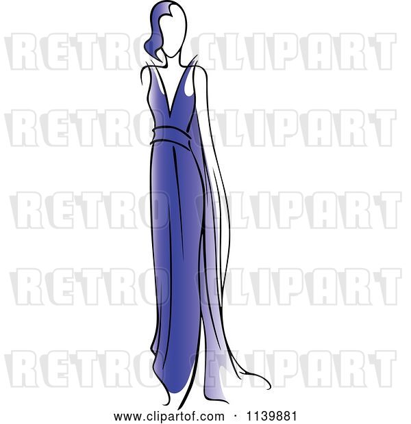 Vector Clip Art of Retro Model in a Blue Dress