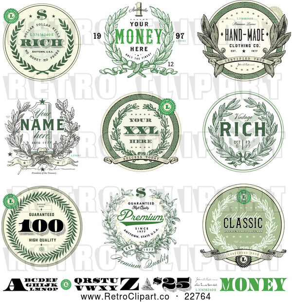 Vector Clip Art of Retro Money Wreath Seals with Sample Text