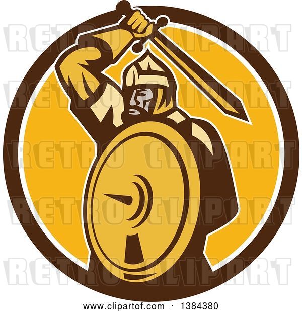 Vector Clip Art of Retro Mongol Horde Barbarian Warrior Holding a Sword and Shield in a Brown White and Yellow Circle