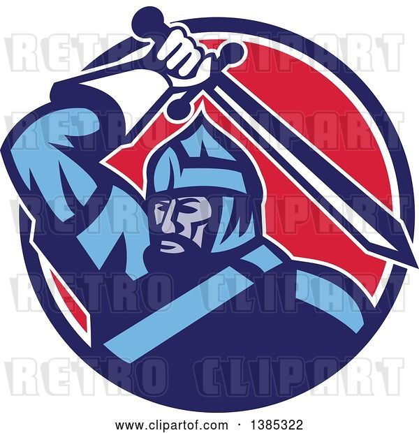 Vector Clip Art of Retro Mongol Horde Barbarian Warrior Wielding a Sword in a Blue White and Red Circle