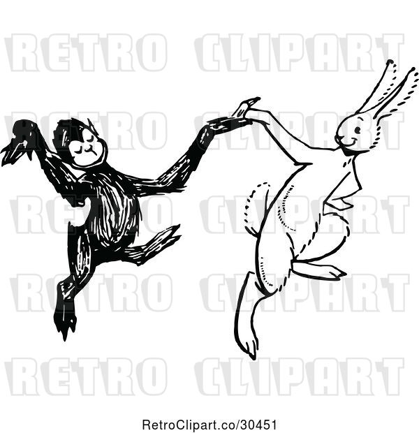 Vector Clip Art of Retro Monkey and Rabbit Dancing