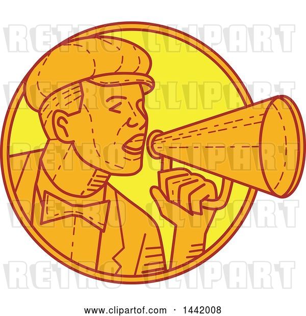 Vector Clip Art of Retro Mono Line Styled Movie Director or Carnival Barker Using a Megaphone