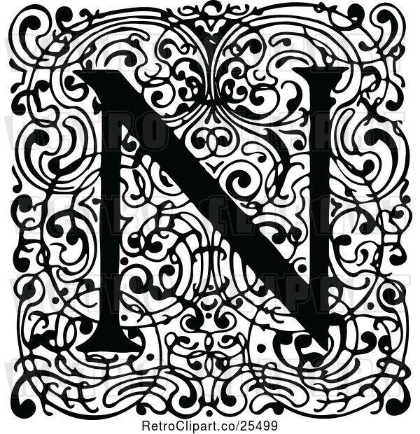 Vector Clip Art of Retro Monogram N Letter over Swirls