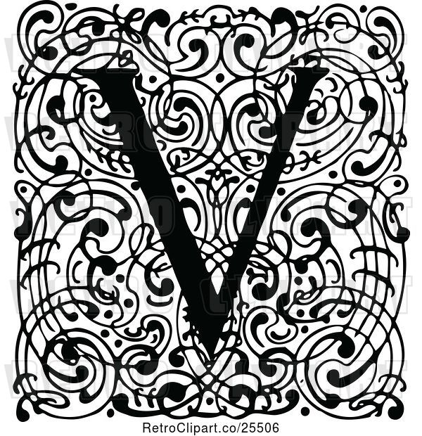 Vector Clip Art of Retro Monogram V Letter over Swirls