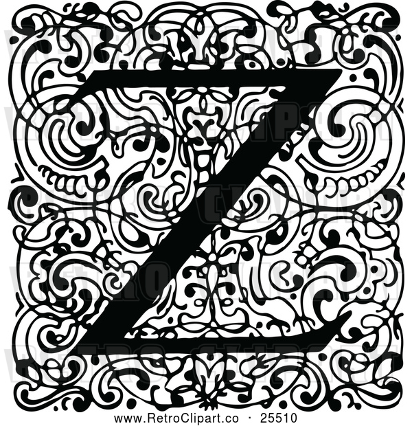 Vector Clip Art of Retro Monogram Z Letter over Swirls