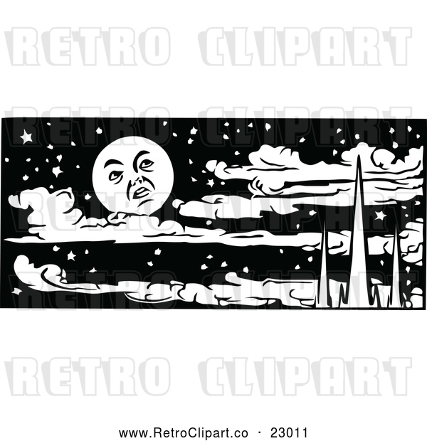 Vector Clip Art of Retro Moon over Mountains and Clouds in a Night Sky