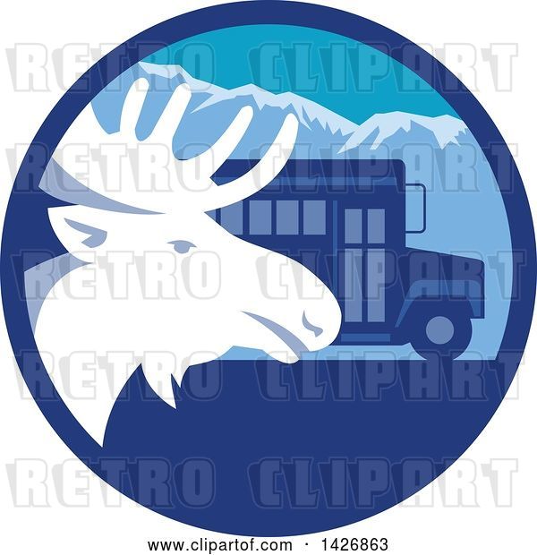 Vector Clip Art of Retro Moose Head and a School Bus in a Blue Mountain Circle