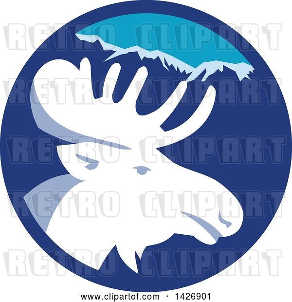 Vector Clip Art of Retro Moose Head in a Blue Mountain Circle