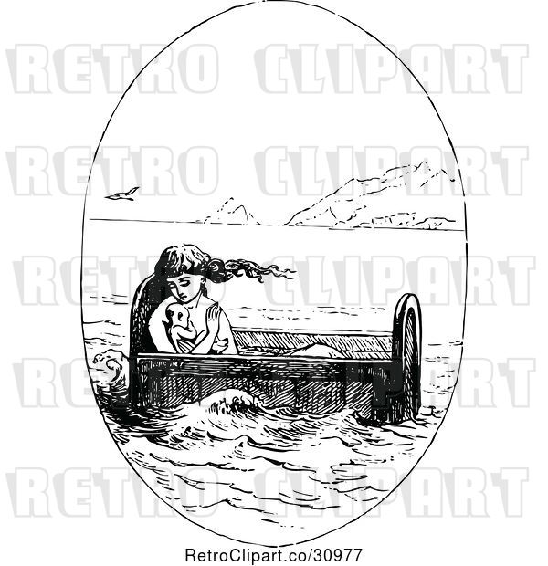 Vector Clip Art of Retro Mother and Baby Floating in a Cradle