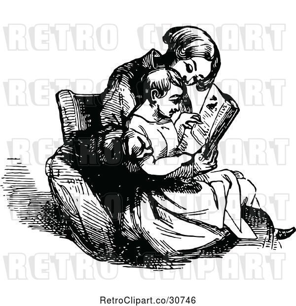 Vector Clip Art of Retro Mother and Child Reading