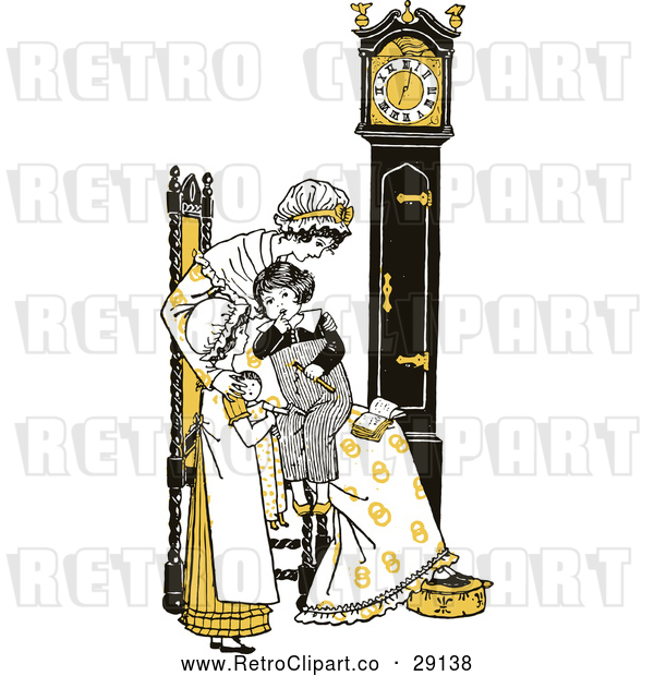 Vector Clip Art of Retro Mother and Children by a Clock in Yellow Tones