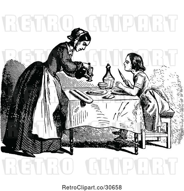 Vector Clip Art of Retro Mother and Daughter at a Table
