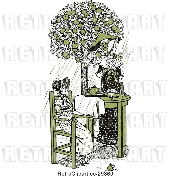 Vector Clip Art of Retro Mother and Daughter Having Tea Outside in Green Tones