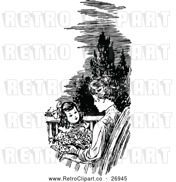 Vector Clip Art of Retro Mother and Daughter on a Patio
