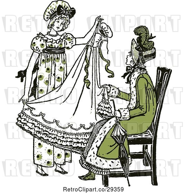 Vector Clip Art of Retro Mother and Daughter Sewing a Dress in Green Tones