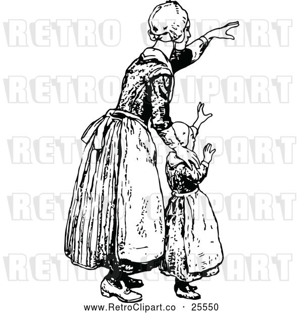 Vector Clip Art of Retro Mother and Daughter Waving Goodbye