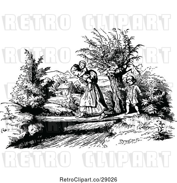 Vector Clip Art of Retro Mother and KChildren Crossing a Creek