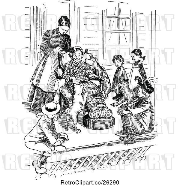 Vector Clip Art of Retro Mother and KChildren with Dogs on a Porch