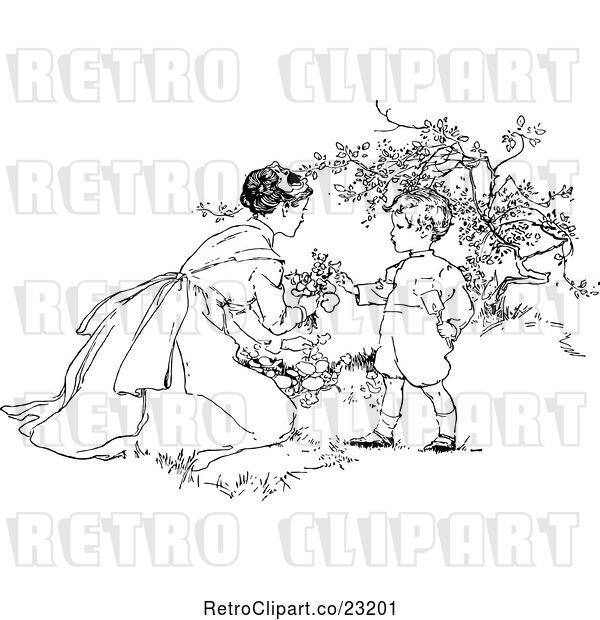 Vector Clip Art of Retro Mother and Son Picking Flowers