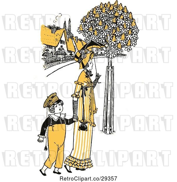 Vector Clip Art of Retro Mother and Son Strolling in Yellow Tones