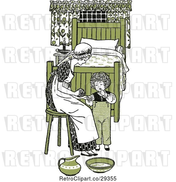 Vector Clip Art of Retro Mother and Son Washing up in Green Tones