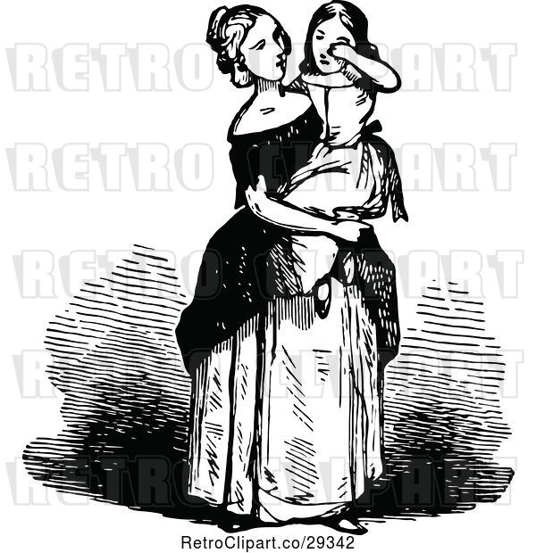 Vector Clip Art of Retro Mother Holding Her Crying Daughter