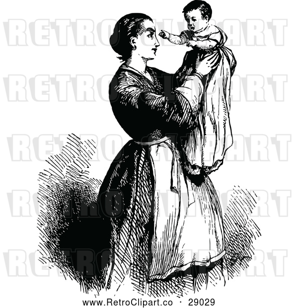 Vector Clip Art of Retro Mother Holding up Her Baby