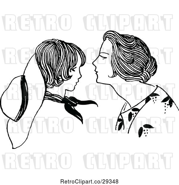 Vector Clip Art of Retro Mother Leaning in to Kiss Her Son