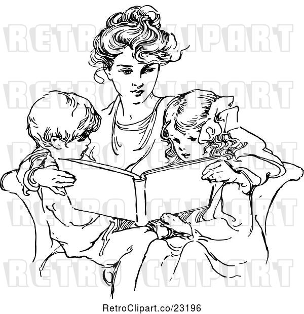 Vector Clip Art of Retro Mother Reading to Her Children