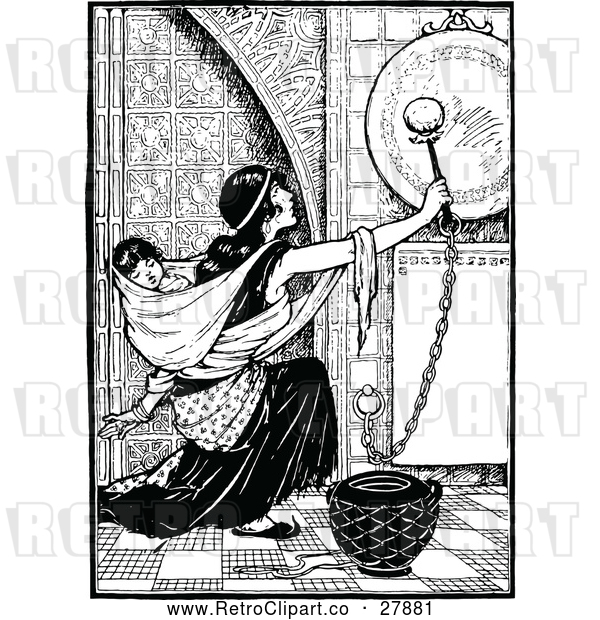 Vector Clip Art of Retro Mother Ringing a Gong with a Baby on Her Back