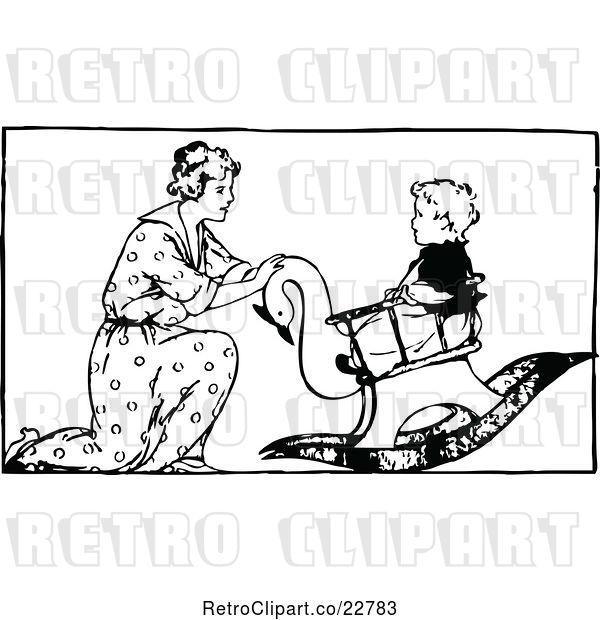 Vector Clip Art of Retro Mother Rocking Her Son on a Toy Swan