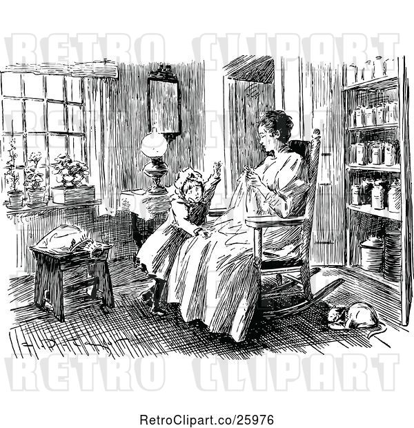 Vector Clip Art of Retro Mother Sewing with Her Daughter in a Room