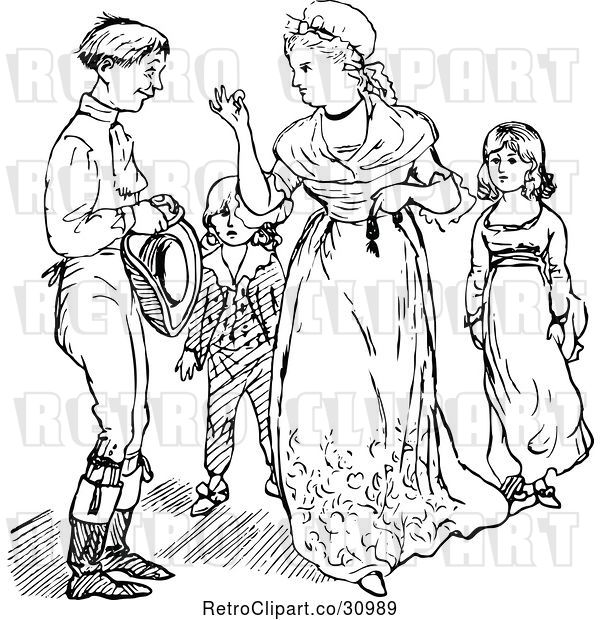 Vector Clip Art of Retro Mother Taking a Coin from Her Husband in Front of Their KChildren