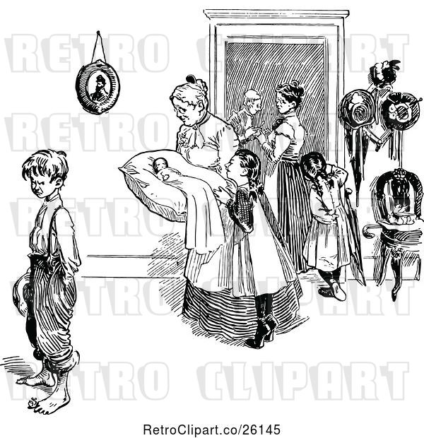 Vector Clip Art of Retro Mother with a Baby and KChildren