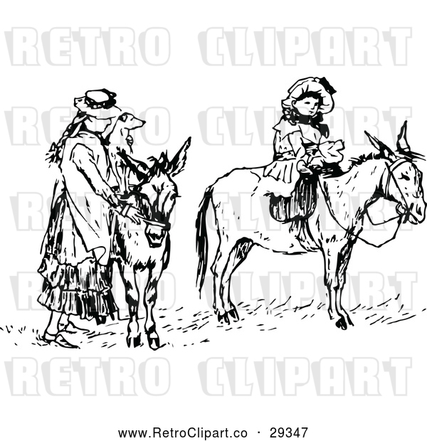 Vector Clip Art of Retro Mother with a Dog and Girl on Donkeys