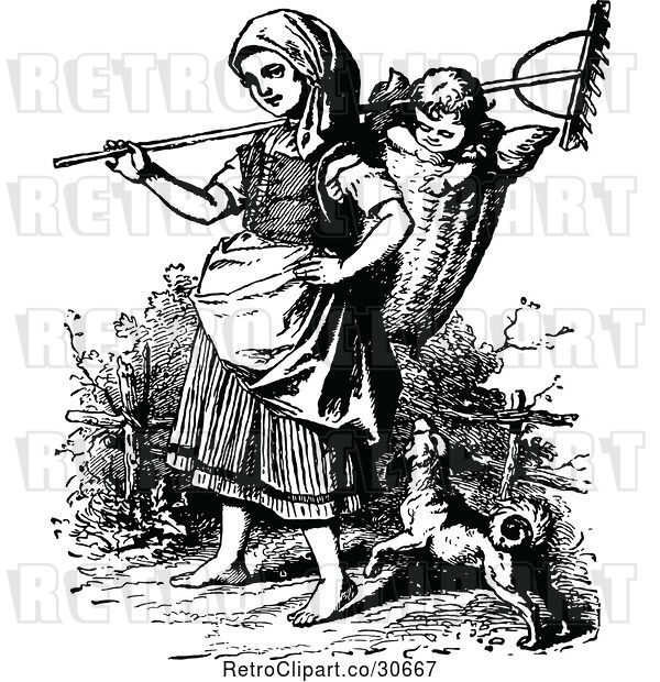 Vector Clip Art of Retro Mother with a Rake Dog and Baby in a Basket