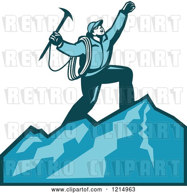 Vector Clip Art of Retro Mountain Climber Cheering on Top of a Mountain